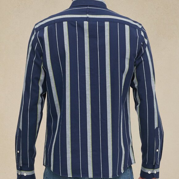 Banana Republic Untucked Slim Fit Cotton Shirt L Navy Stripe - Picture 2 of 5